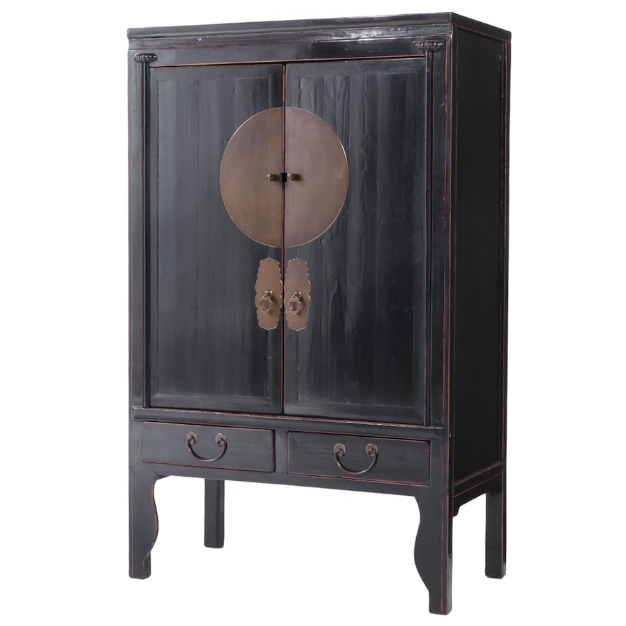 Chinese Brass-Mounted and Black-Lacquered Pine Cabinet