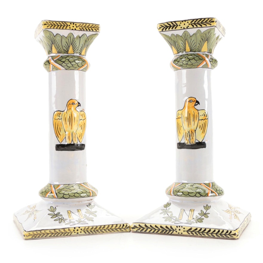Lord and Taylor French Faïence Hand-Painted Napoleonic Candlesticks
