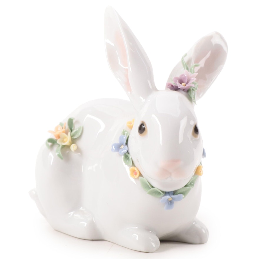 Lladró "Attentive Bunny with Flowers" Figurine Designed by Fulgencio García
