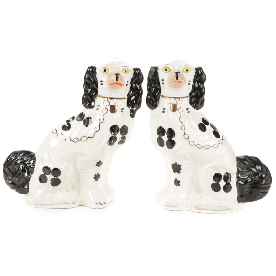 Pair Of Staffordshire Style Black and White Earthenware Spaniels