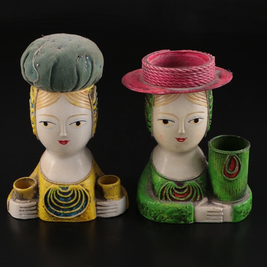 Figural Lady Chalkware Pincushions, 1970s
