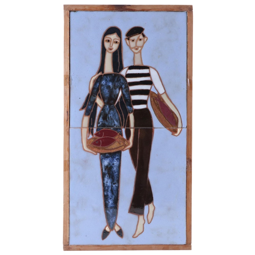 Glazed Ceramic Tiles of French Couple, Late 20th Century