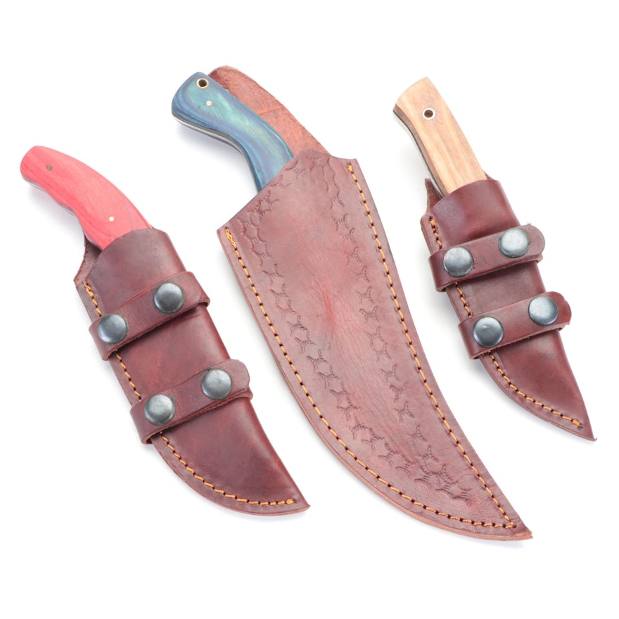 Trailing Point Knife and Damascus Fixed-Blade Knives with Leather Sheaths