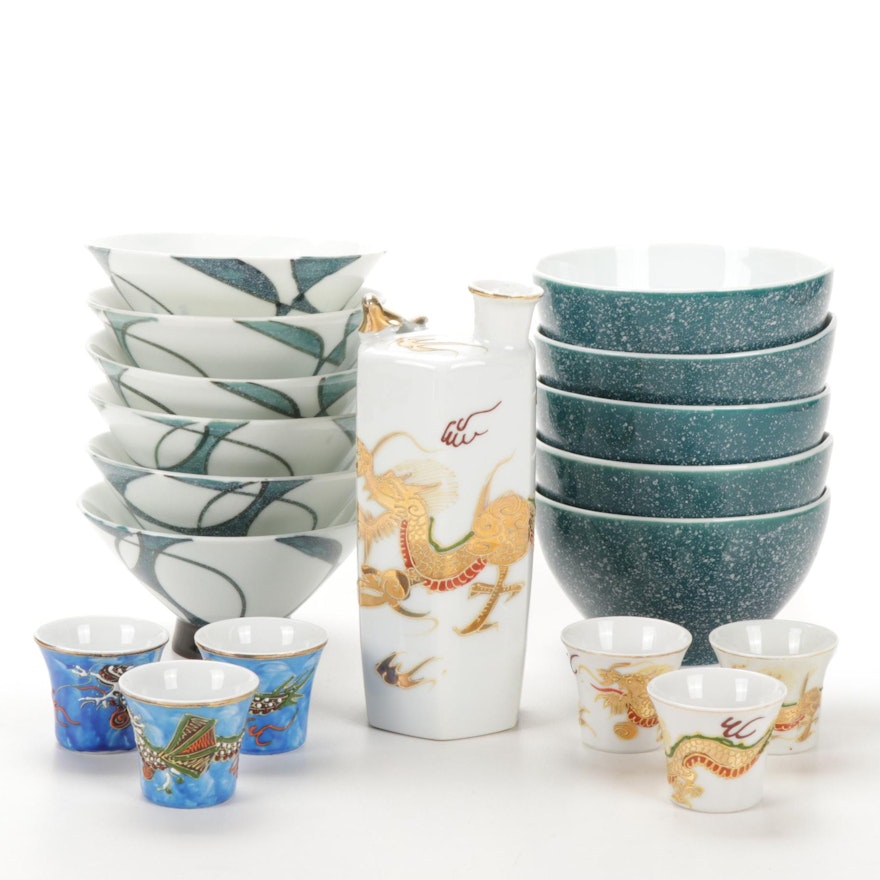 Japanese Porcelain Hand-Painted Porcelain Rice Bowls and Sake Set