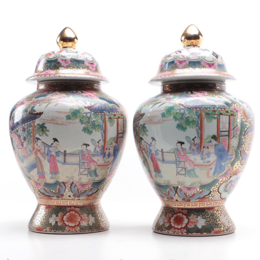 Chinese Hand-Painted Rose Medallion Porcelain Lidded Ginger Jars
