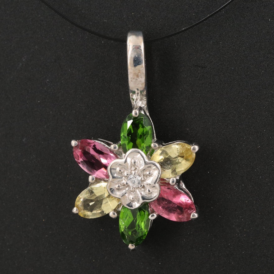 Sterling Silver Diopside, Tourmaline and Garnet Flower Pendant