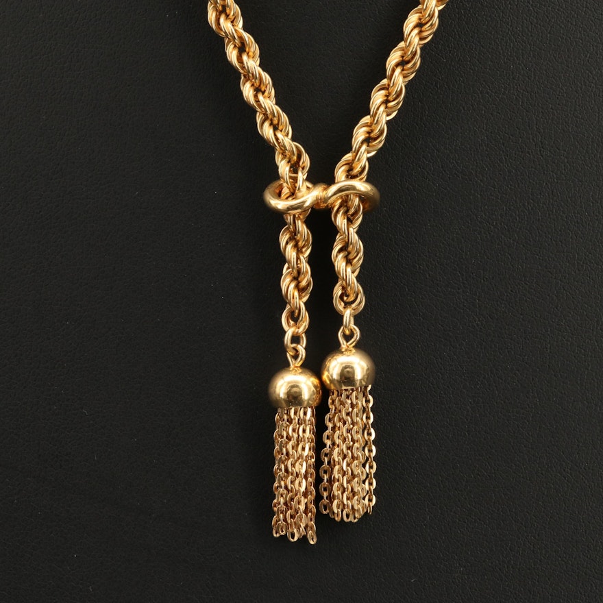 Italian 18K Tasseled Lariat Rope Chain Necklace