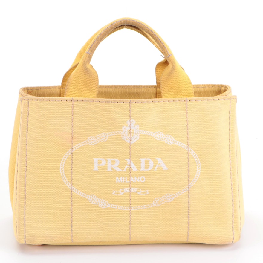 Prada Small Canapa Logo Tote Bag in Yellow Canvas