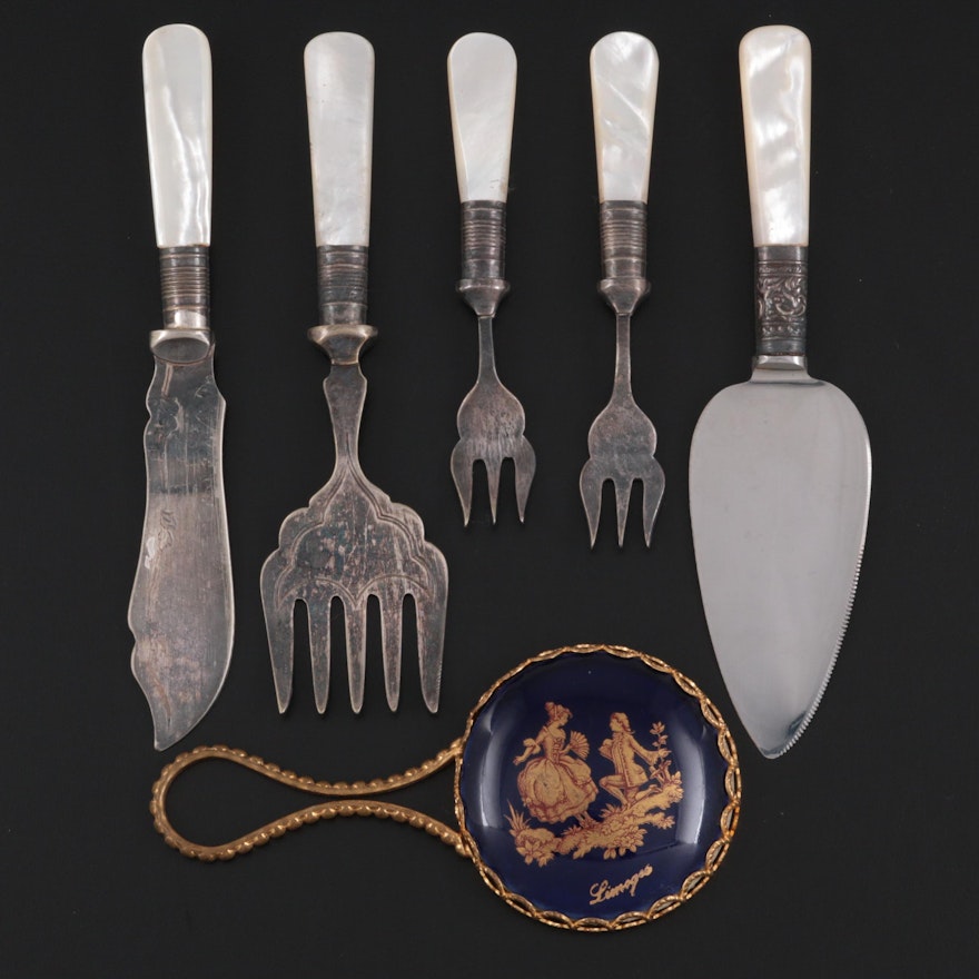 Sheffield Mother-of-Pearl Handled Silver Plate Serving Utensils and Hand Mirror
