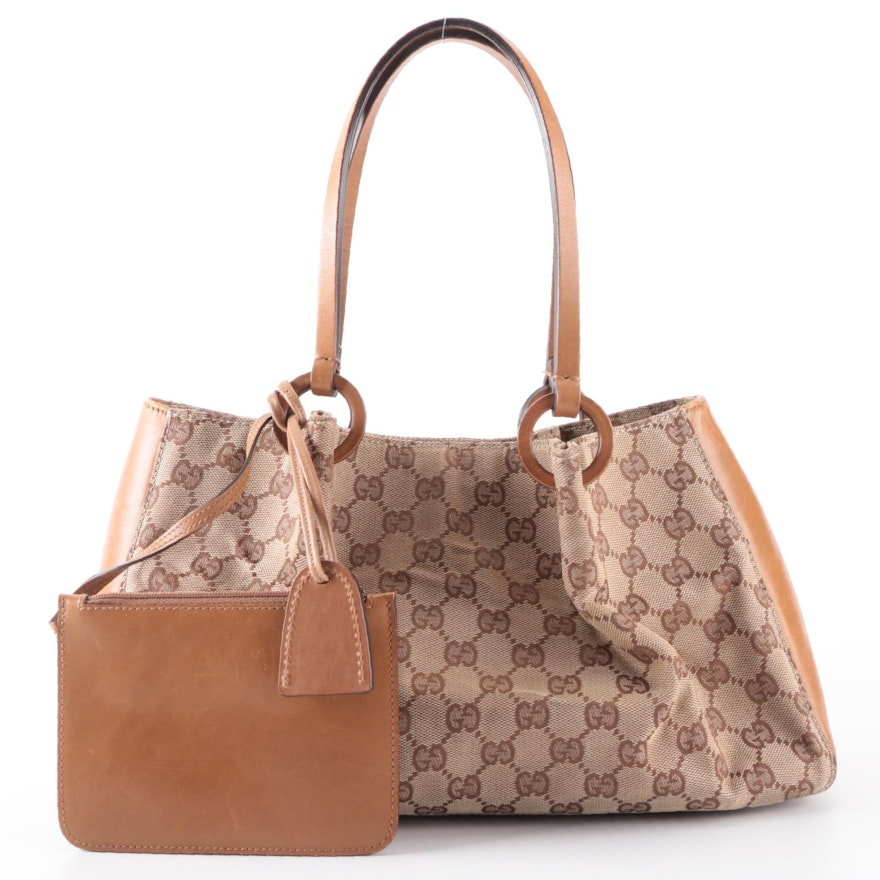 Gucci Small Shoulder Tote Bag in Tan GG Canvas and Smooth Leather with Zip Pouch