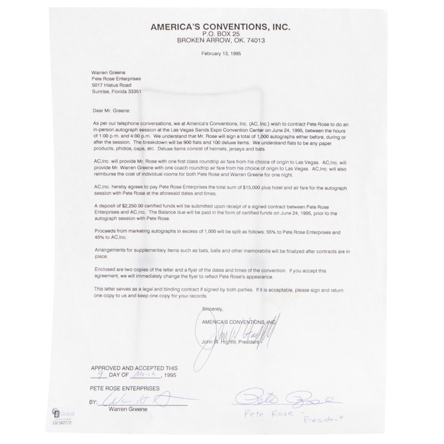 1995 Pete Rose Original Signed Contract for Autograph Sessions, COA