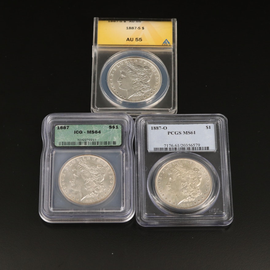 ICG MS64 1887, PCGS MS61 1887-O and ANACS AU55 1887-S Morgan Silver Dollars
