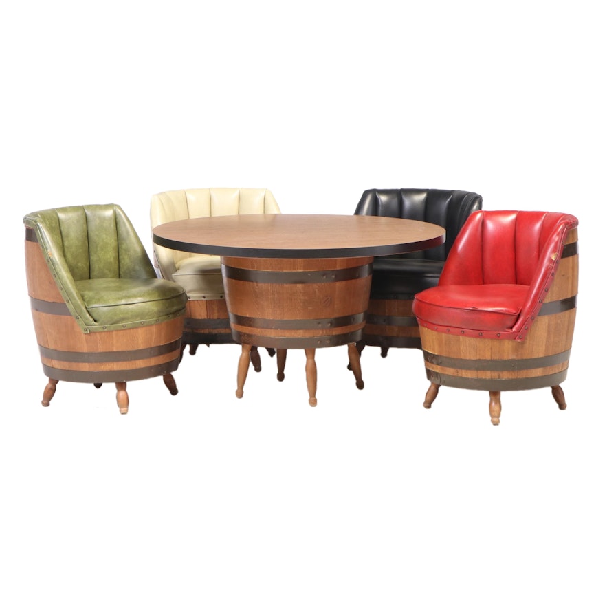 Oak Barrel Games Table and Swivel Chairs, Mid to Late 20th Century