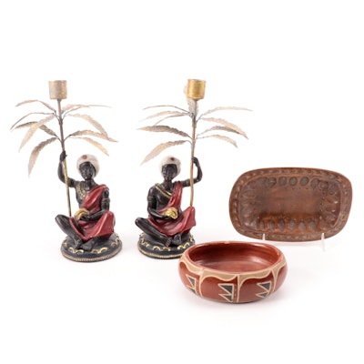 Santa Clara Style Polychrome Bowl, Carved Wooden Bowl and Candle Holders