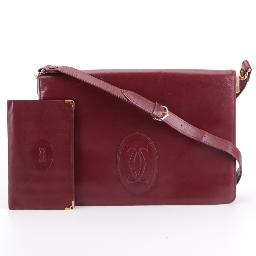 Cartier Les Must de Cartier Flap Shoulder Bag in Burgundy Leather and Card Case