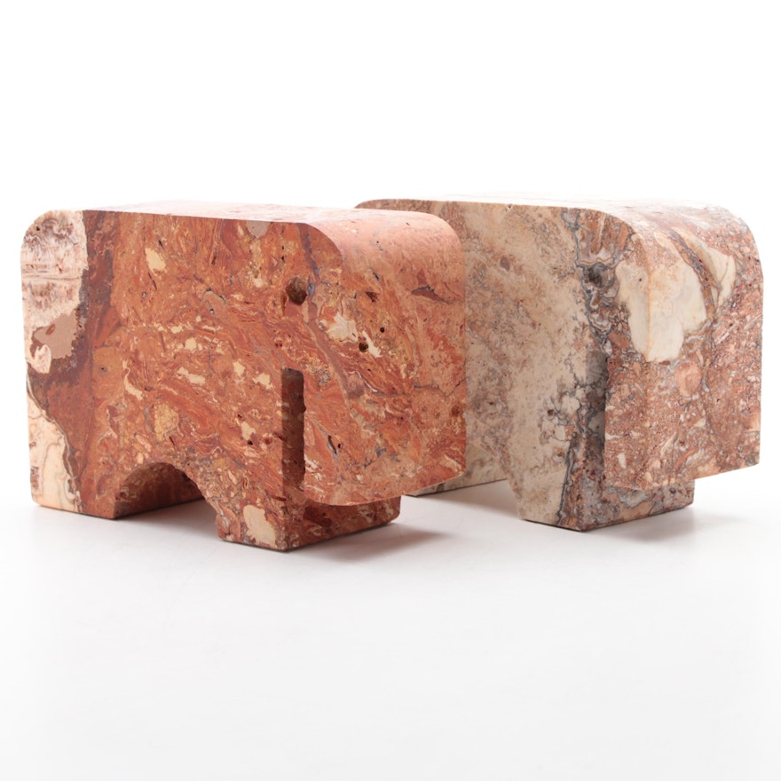 Fratelli Mannelli Rapolano Travertine Elephant Bookends, Mid to Late 20th C.