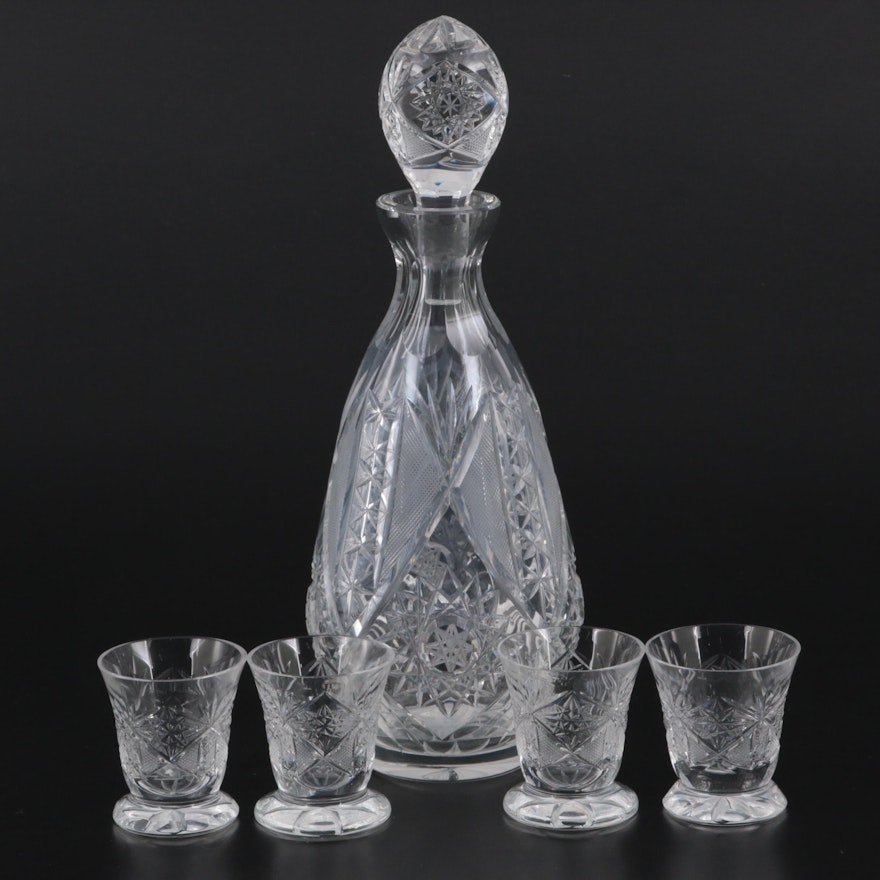 American Brilliant Cut Hobstar Cut Glass Decanter Set, Early to Mid 20th Century
