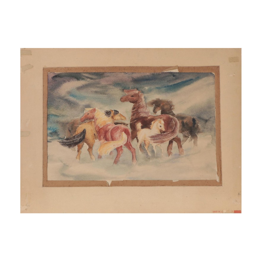 Patricia Brigham Watercolor Painting of Horses, Mid-20th Century