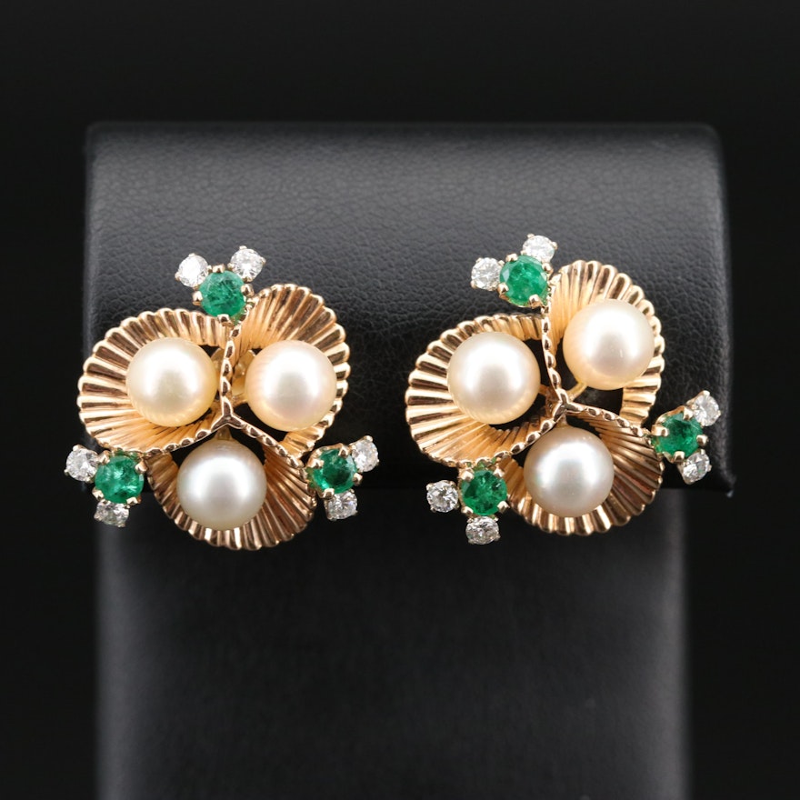 Retro 14K Pearl, Emerald and Diamond Earrings