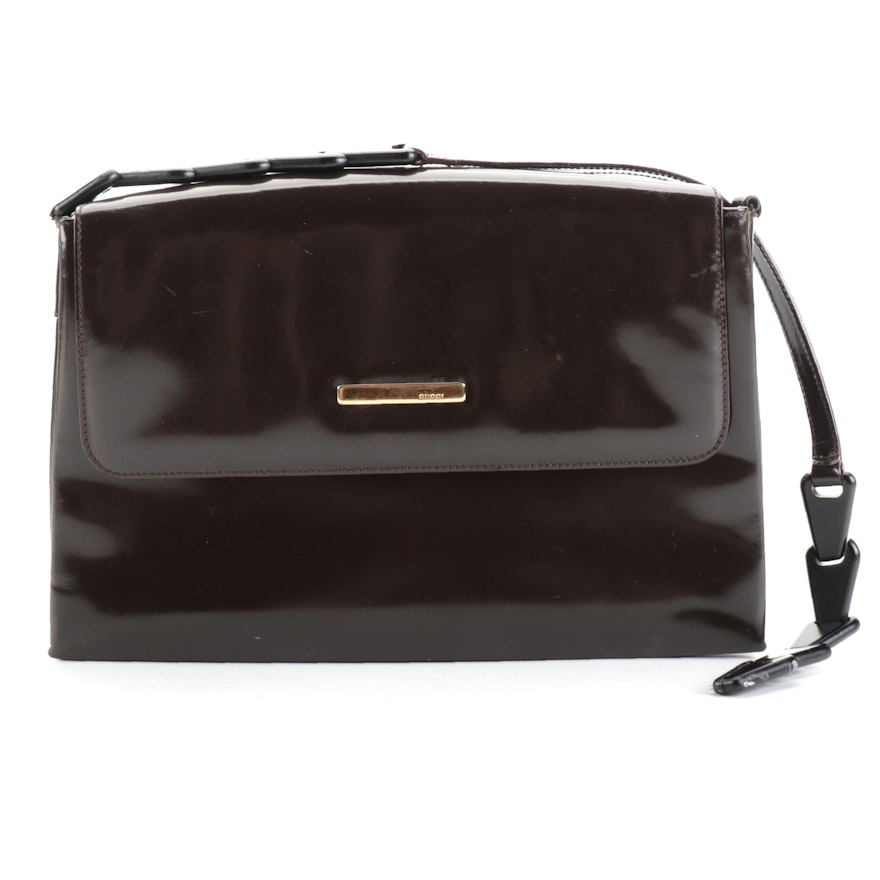 Gucci Front Flap Shoulder Bag in Brown Patent Leather and Composite Chain