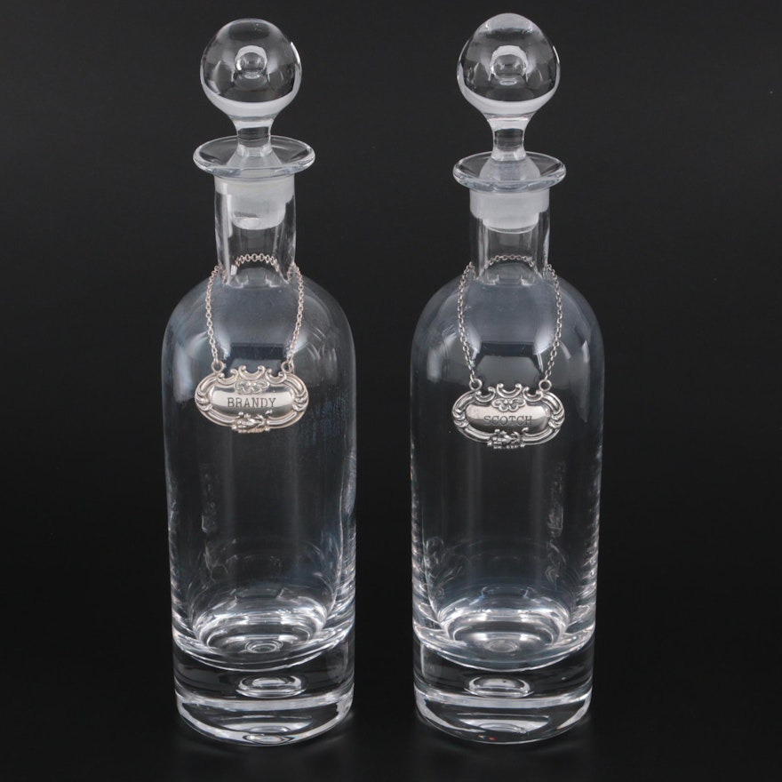 Blown Glass Bubble Base and Stopper Decanters with Sterling Silver Decanter Tags