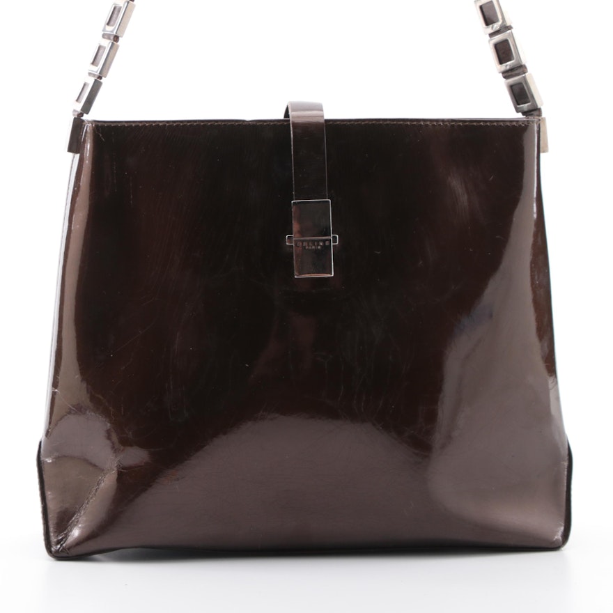 Celine Shoulder Bag in Brown Patent Leather with Chain Link Strap