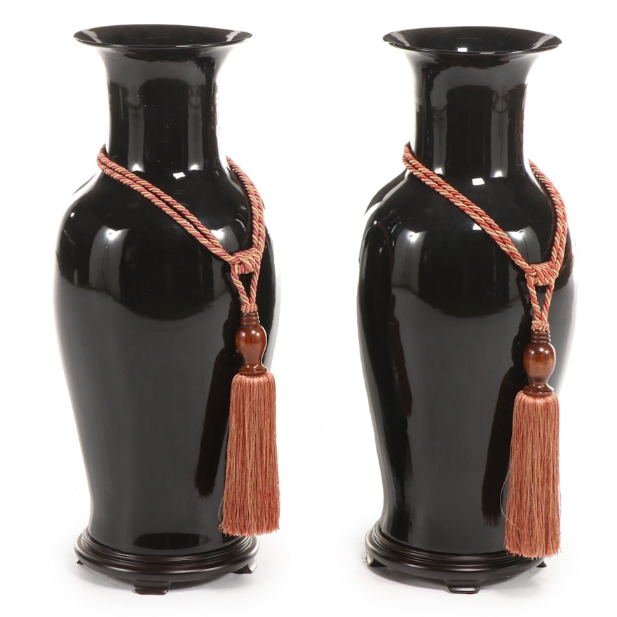Pair of Chinese Mirror Black Glazed Earthenware Vases with Tassels