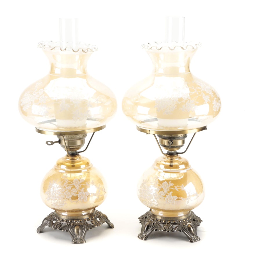 Pair of Floral Decorated Iridescent Glass Parlor Lamps, Mid-20th Century