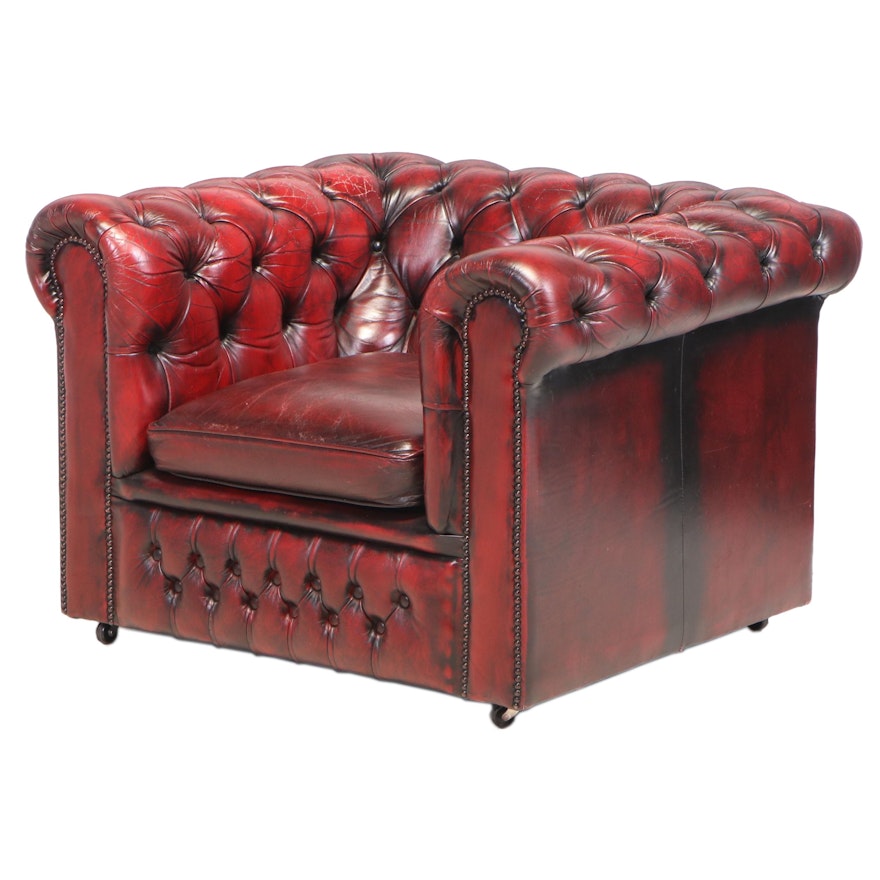 Button-Tufted and Tacked Red Leather Chesterfield Club Chair