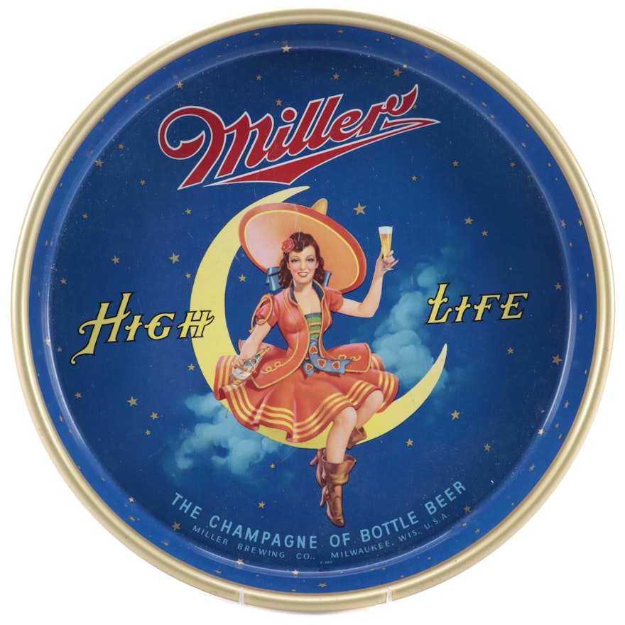 Miller High Life Beer Tin Litho Girl On The Moon Tip Tray