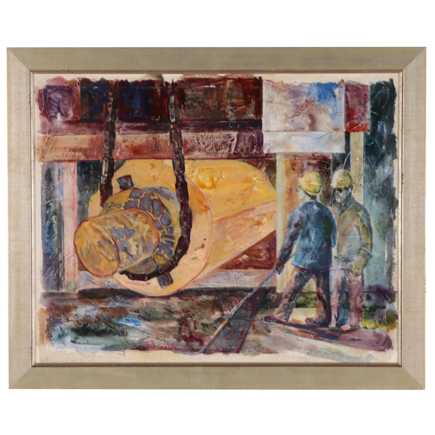 Oil Painting of Industrial Workers, Late 20th Century