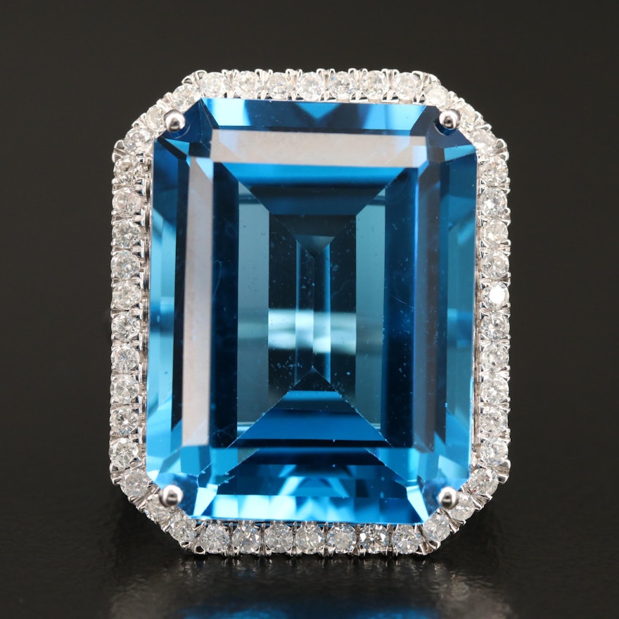 14K 34.83 CT Swiss Blue Topaz and Diamond Halo Ring