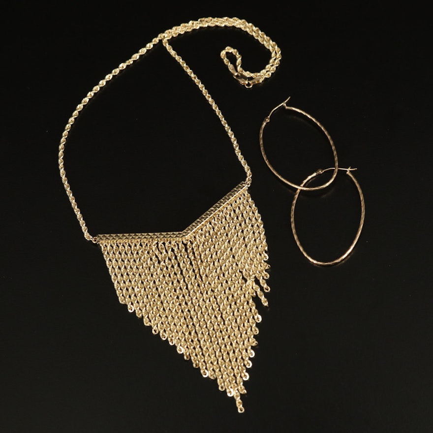 14K French Rope Bib Necklace and Hoop Earrings
