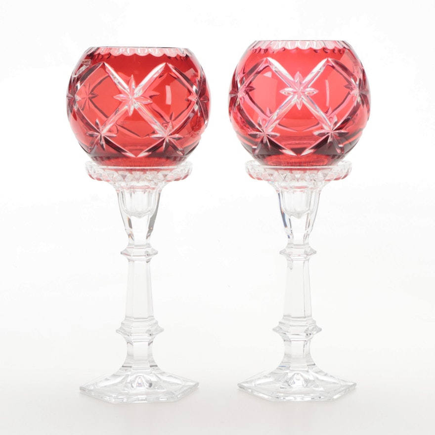 Ofnah Cranberry Cut to Clear Crystal Pedestal Candle Holders