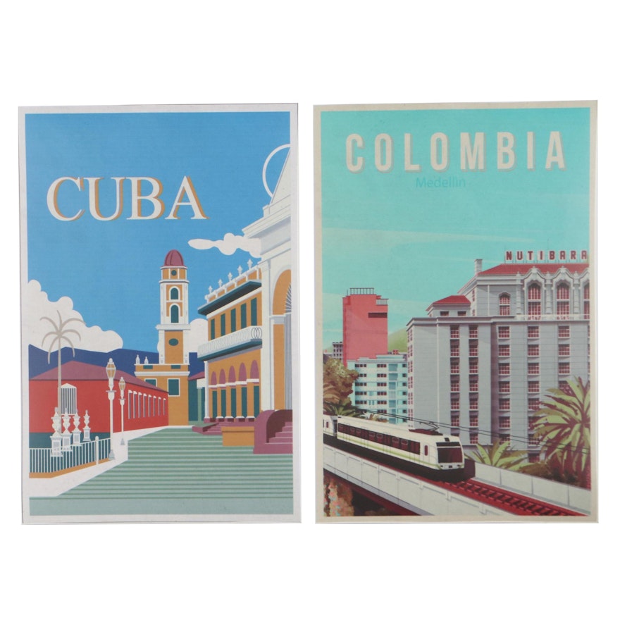 Mid-Century Style Giclées After Travel Posters "Cuba" and "Colombia"