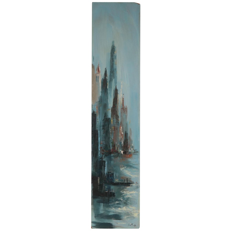 Abstract Cityscape Oil Painting, Late 20th Century