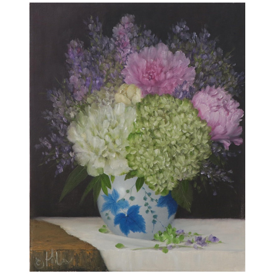 Thuthuy Tran Oil Floral Oil Painting "Peony, Lakspur, Hydrangea," 21st Century