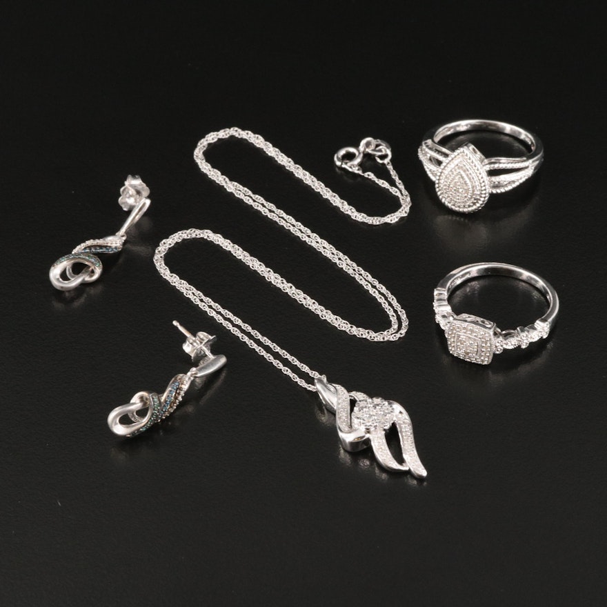 Sterling Diamond Jewelry with Matching Necklace and Earrings