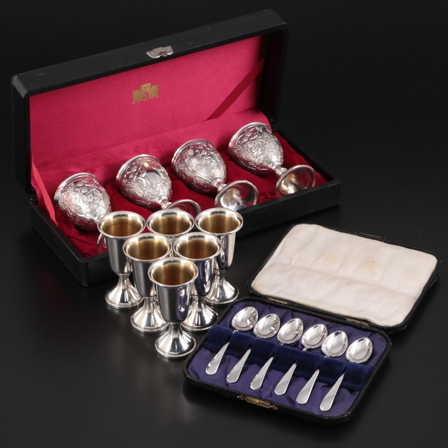 Web Sterling Cordial Glasses with Other Silver Plate Spoons and Cordials
