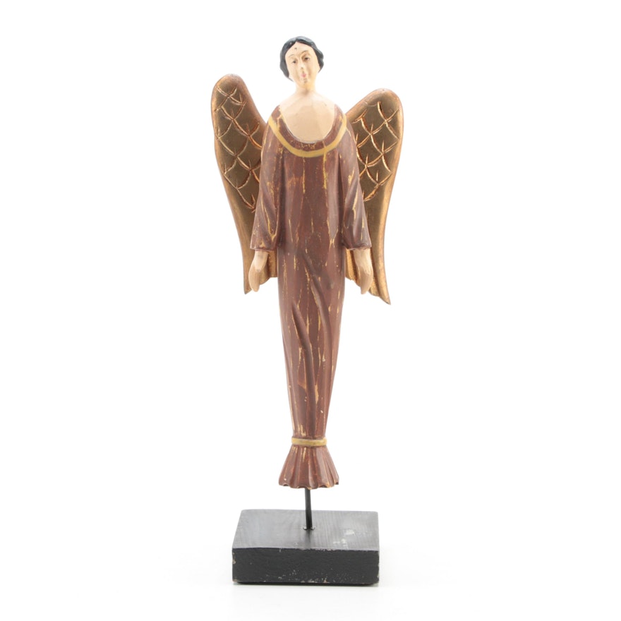 Folk Art Style Resin Angel and Wood Stand