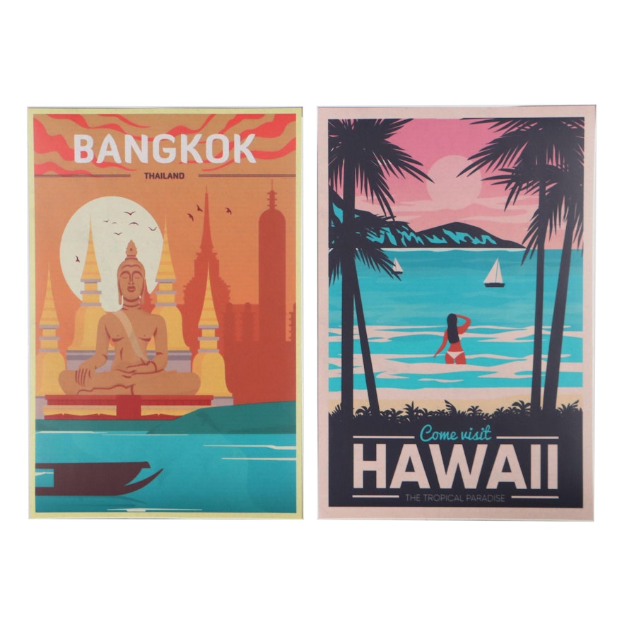 Mid-Century Style Giclées After Travel Posters "Come Visit Hawaii" and "Bangkok"