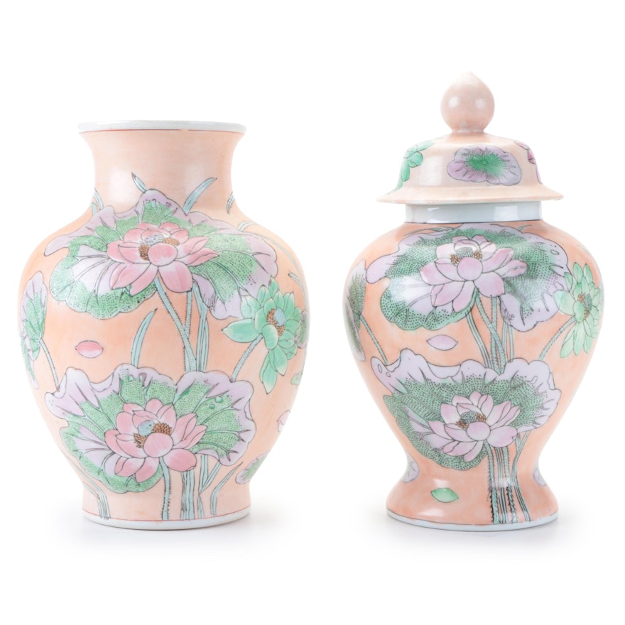 Chinese Hand-Painted Temple Jar and Vase with Lotus Motif