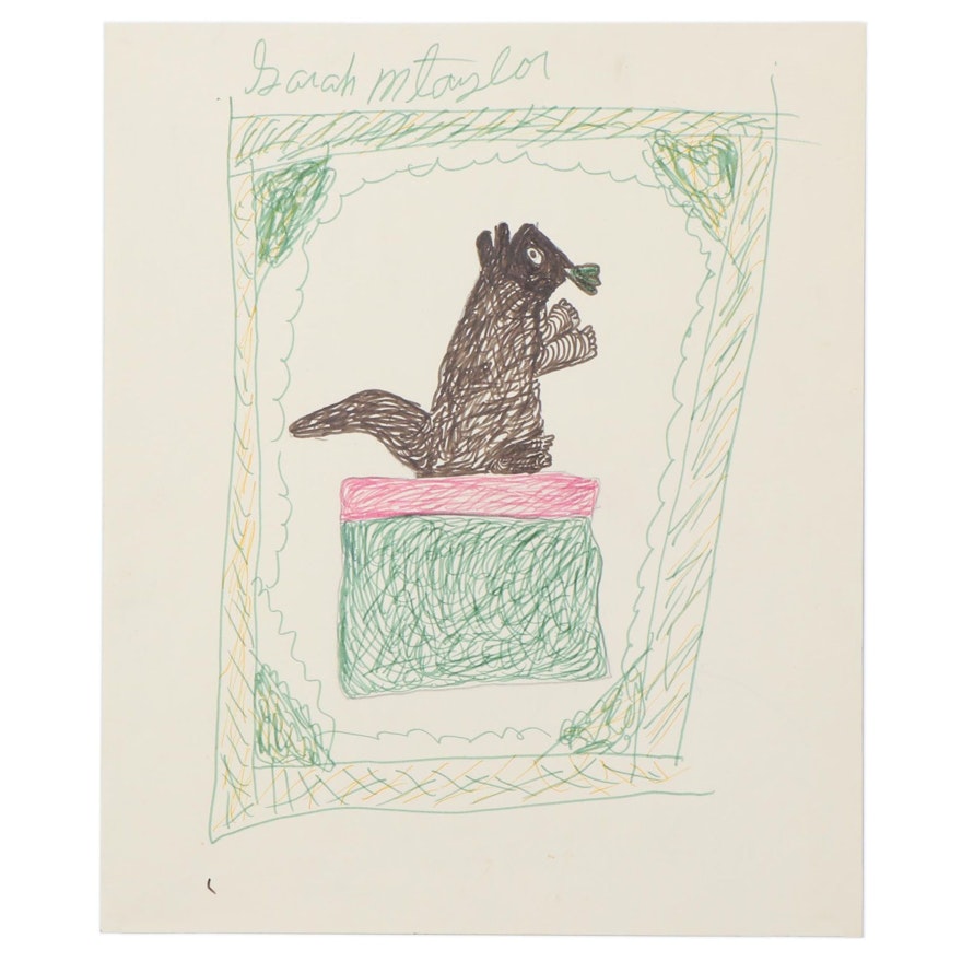 Sarah M. Taylor Outsider Art Marker Drawing of a Squirrel