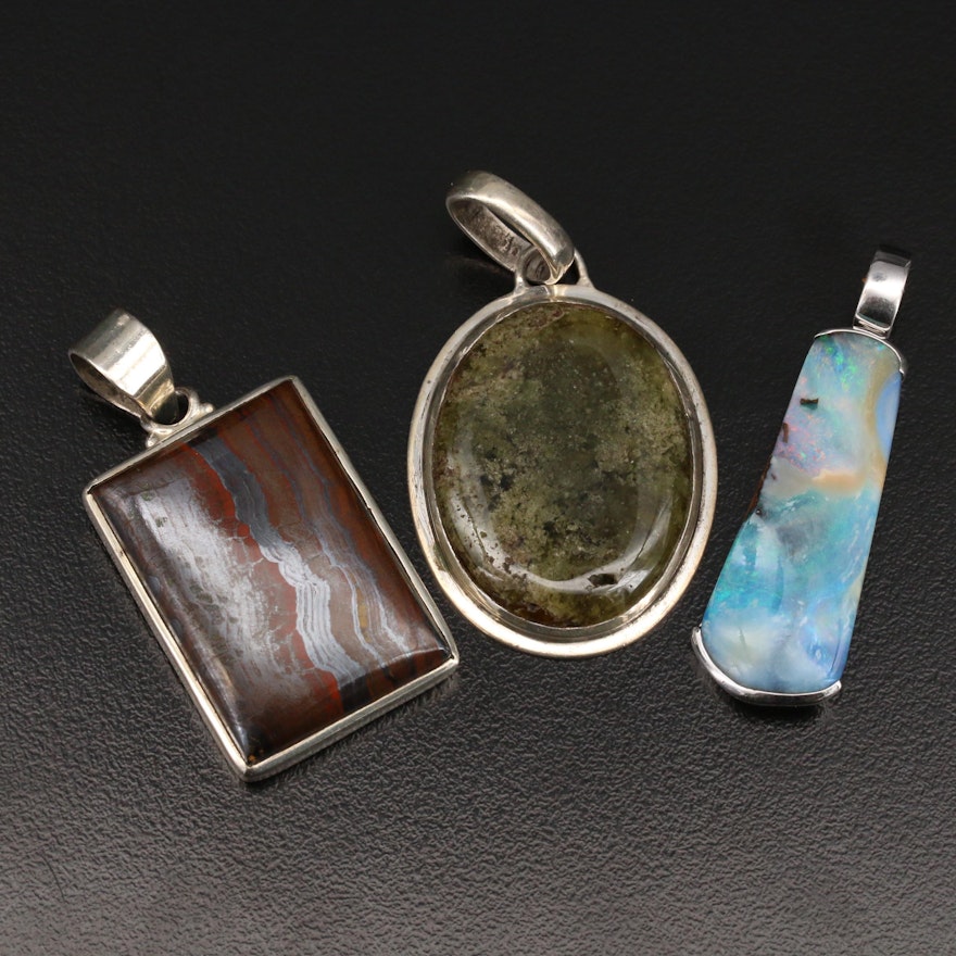 Sterling Boulder Opal, Jasper and Moss Agate Pendants