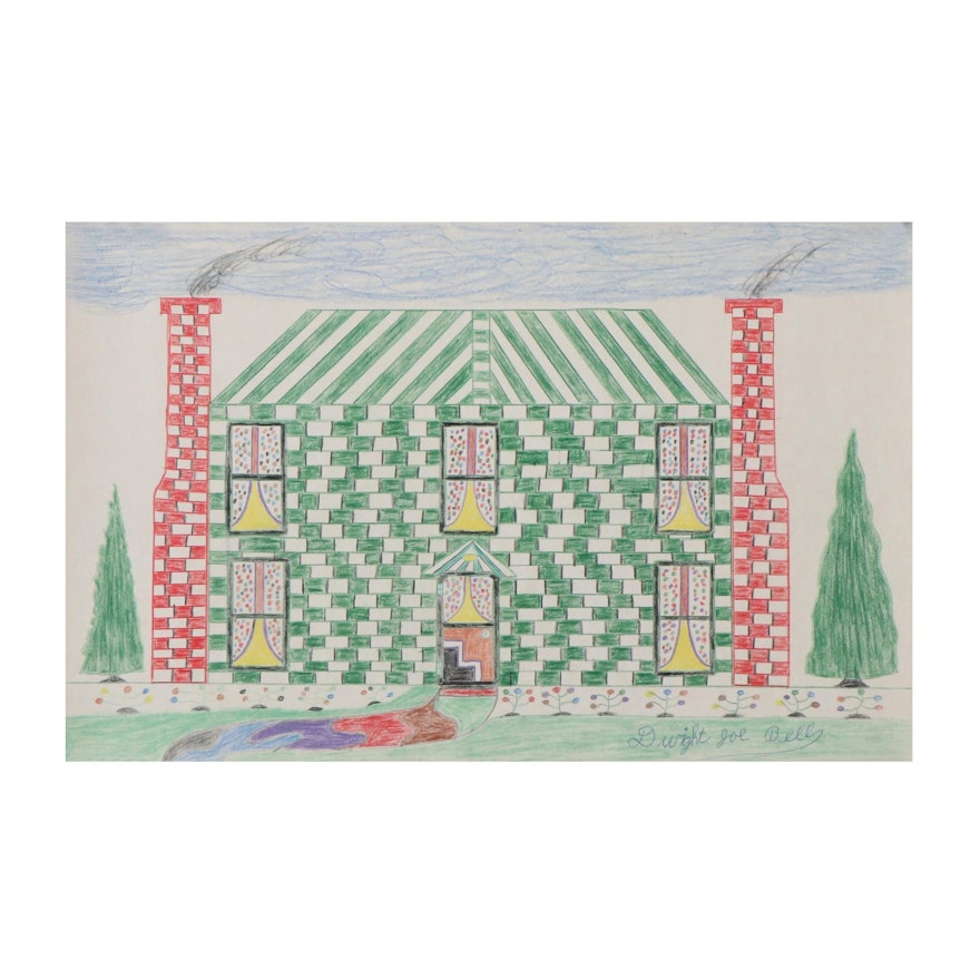 Dwight Joe Bell Outsider Art Crayon Drawing of a House