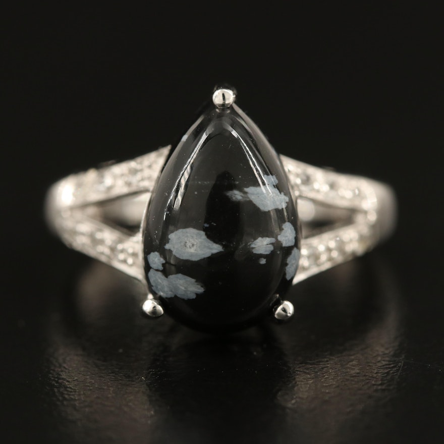 Sterling Snowflake Obsidian and Topaz Teardrop Ring