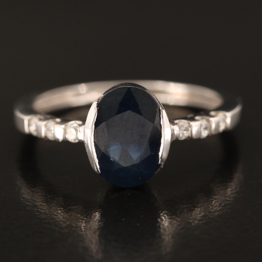 14K Gold Sapphire Ring with Diamond Lined Shoulders