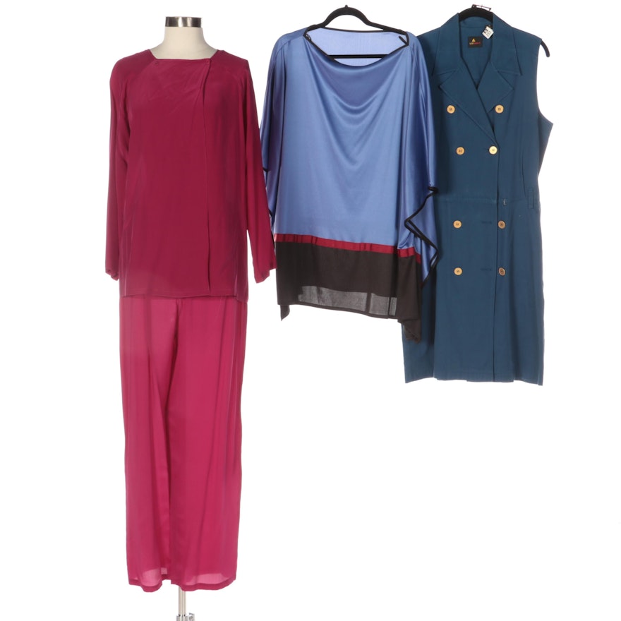 Maggy London Silk Pantsuit, Liz Sport Cotton Belted Dress, and Bill Tice Poncho