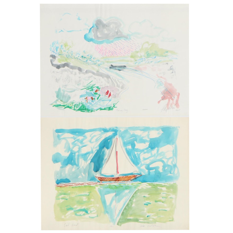 Philip the Transplant Nautical Watercolor Paintings "Sail Boat" and "Rainy Day"