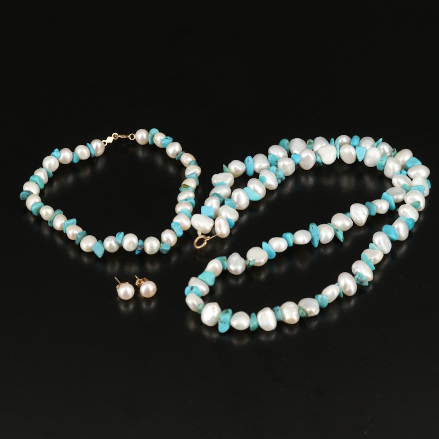 Pearl and Turquoise Necklace with 10K Clasps and Pearl Stud Earrings